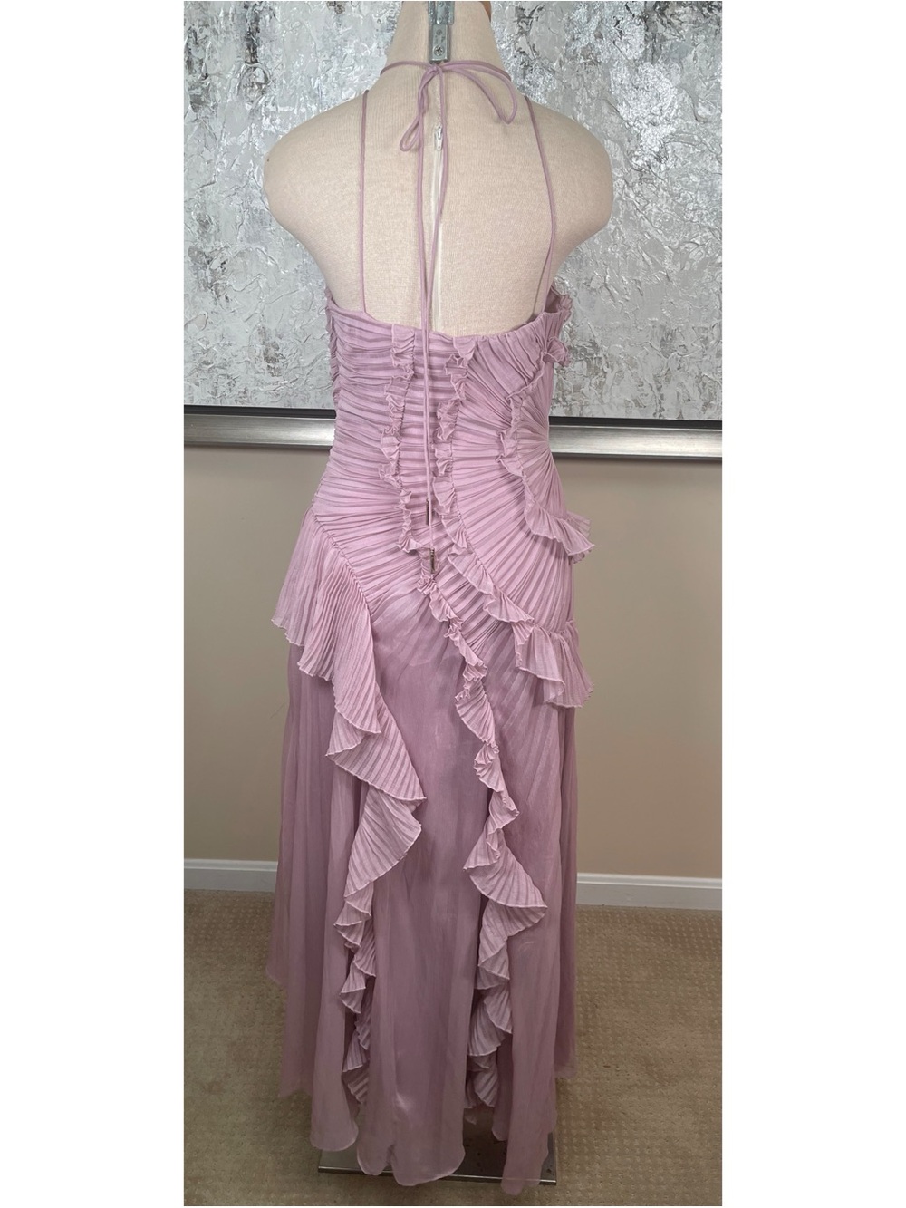 AMUR Lorelie Ruffle Ruched Pleated Halter Asymmetric Pink Maxi Gown Size 8 - Picture 7 of 9